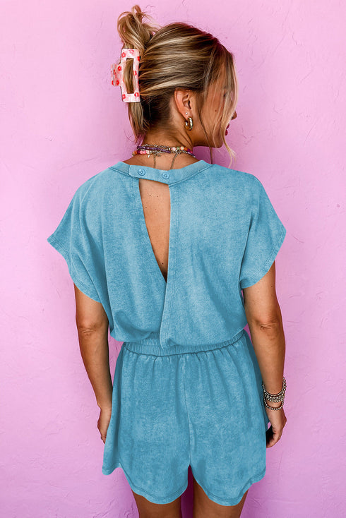 Edgy Casual Mineral Wash Short Sleeve Drawstring Cutout Back Romper